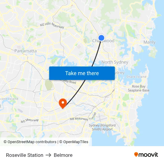 Roseville Station to Belmore map