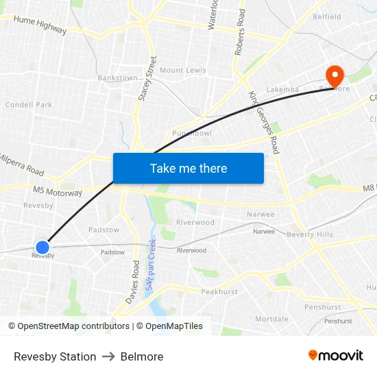 Revesby Station to Belmore map