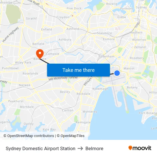 Sydney Domestic Airport Station to Belmore map