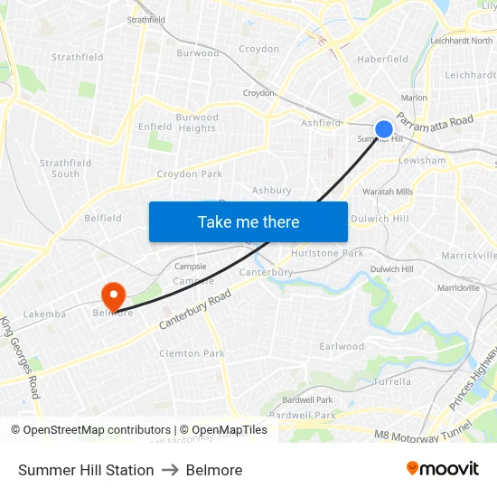 Summer Hill Station to Belmore map
