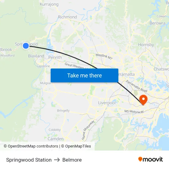 Springwood Station to Belmore map