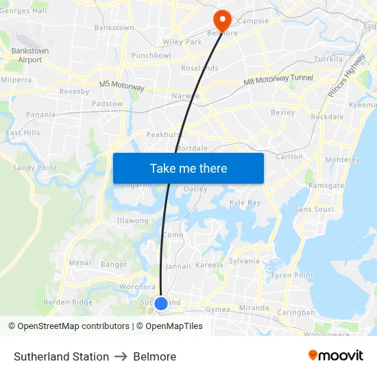 Sutherland Station to Belmore map
