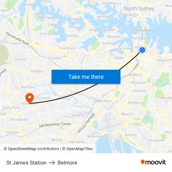 St James Station to Belmore map