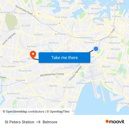 St Peters Station to Belmore map