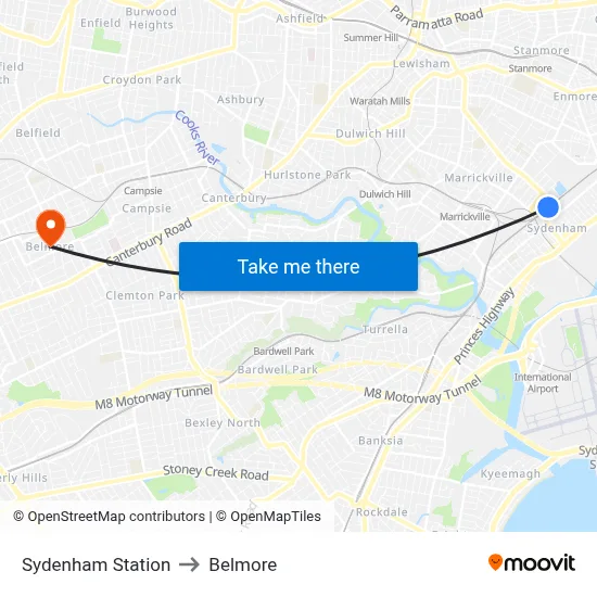 Sydenham Station to Belmore map