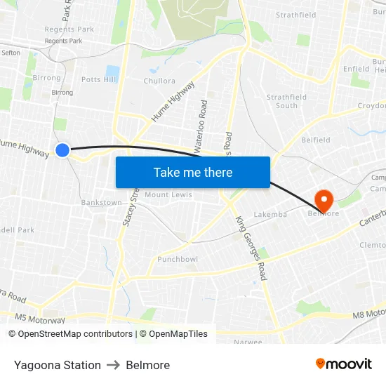 Yagoona Station to Belmore map