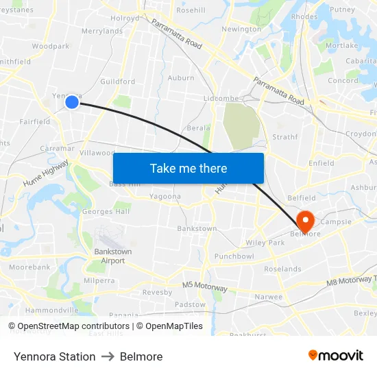 Yennora Station to Belmore map