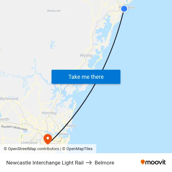 Newcastle Interchange Light Rail to Belmore map