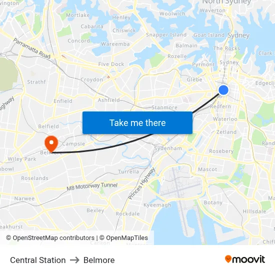 Central Station to Belmore map