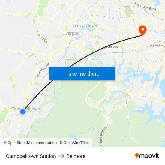 Campbelltown Station to Belmore map