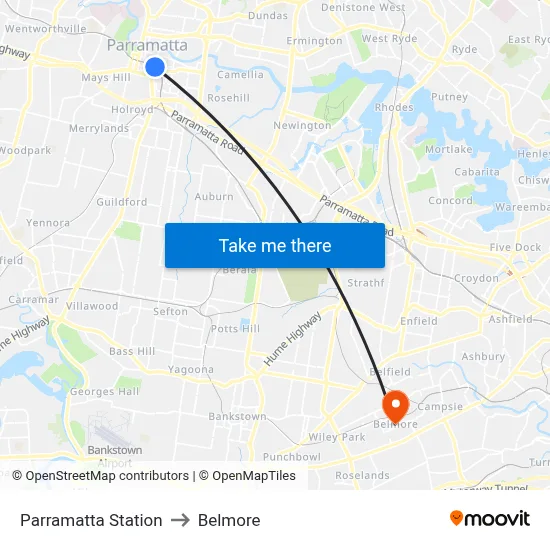 Parramatta Station to Belmore map