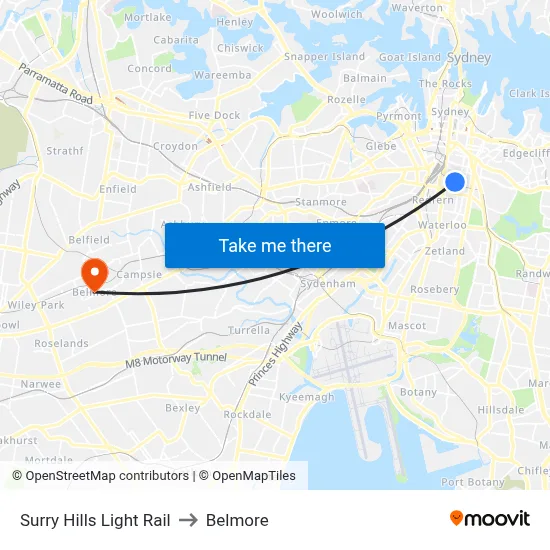 Surry Hills Light Rail to Belmore map