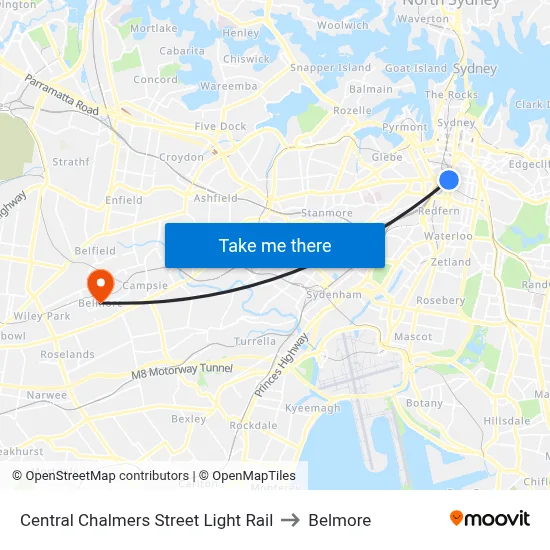 Central Chalmers Street Light Rail to Belmore map
