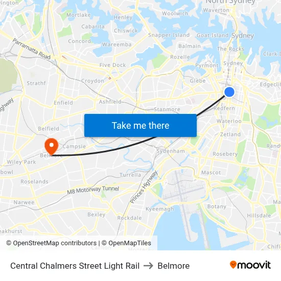 Central Chalmers Street Light Rail to Belmore map