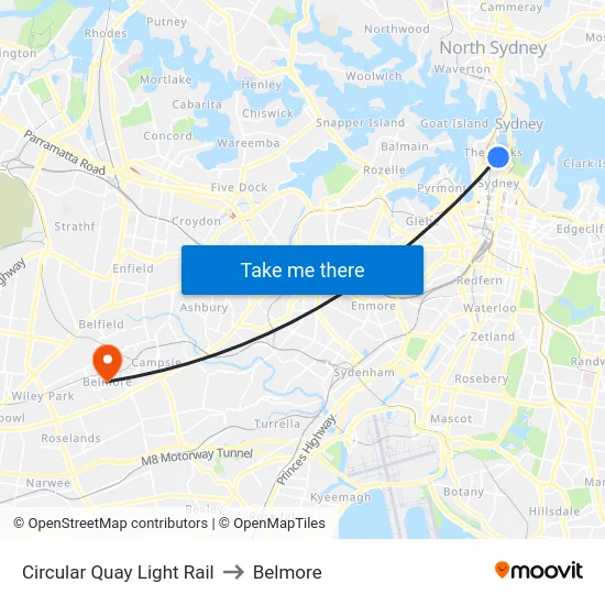 Circular Quay Light Rail to Belmore map