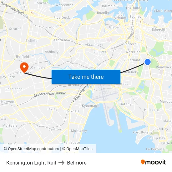 Kensington Light Rail to Belmore map