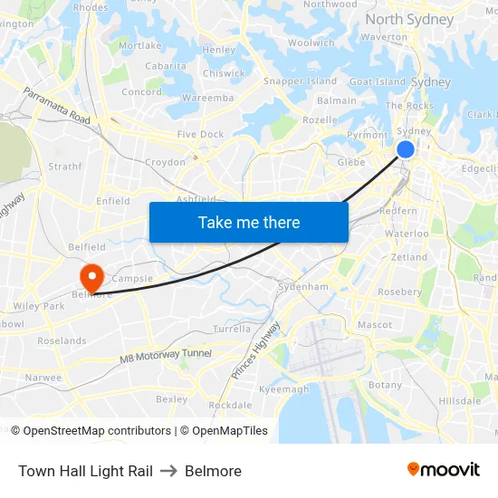 Town Hall Light Rail to Belmore map