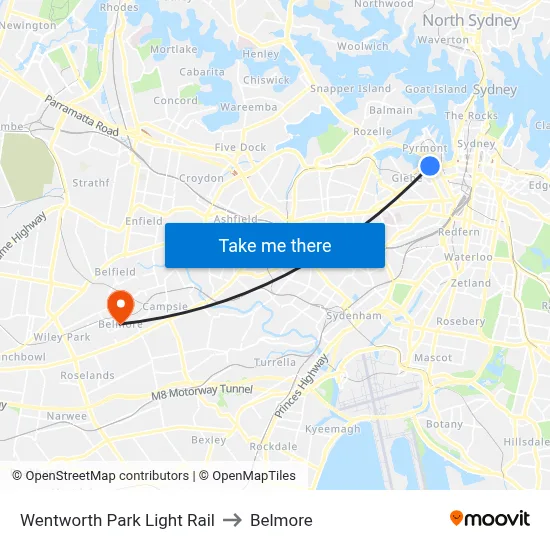 Wentworth Park Light Rail to Belmore map