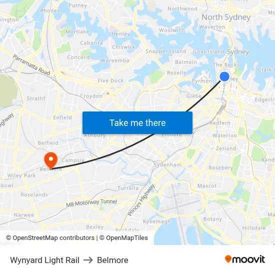 Wynyard Light Rail to Belmore map