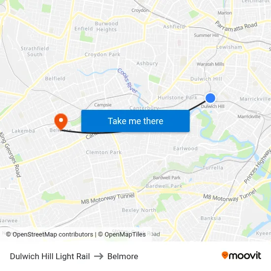 Dulwich Hill Light Rail to Belmore map