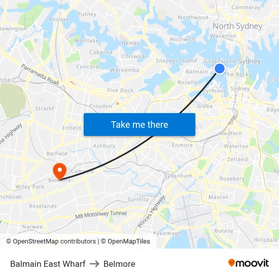 Balmain East Wharf to Belmore map