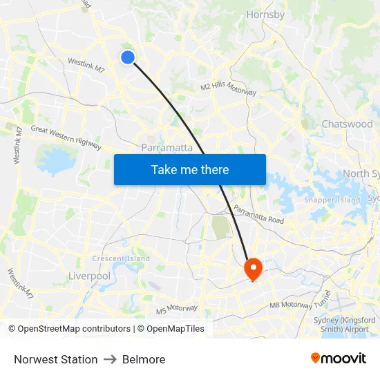 Norwest Station to Belmore map