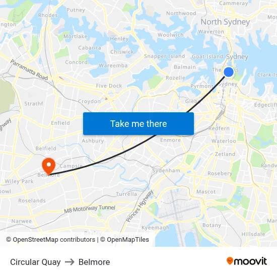 Circular Quay to Belmore map