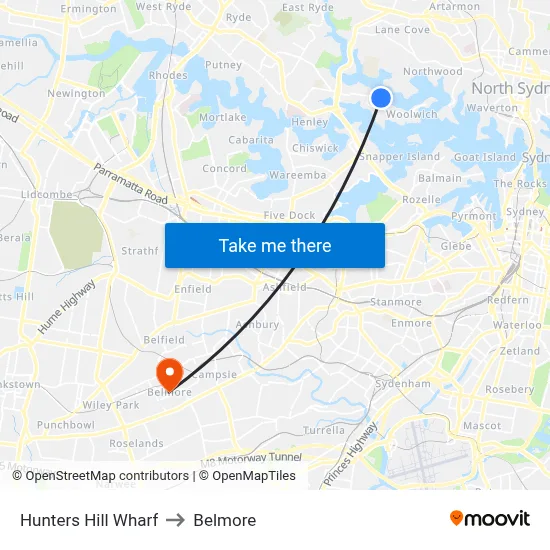 Hunters Hill Wharf to Belmore map