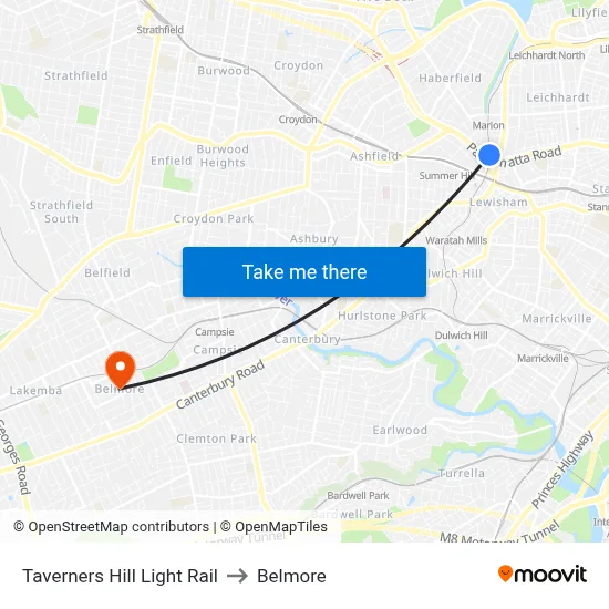 Taverners Hill Light Rail to Belmore map