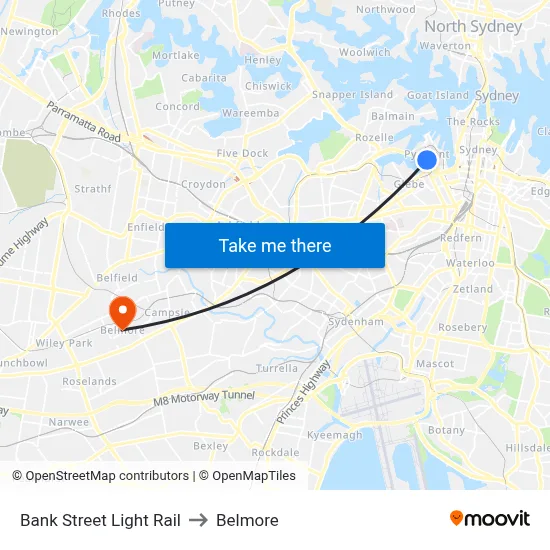 Bank Street Light Rail to Belmore map