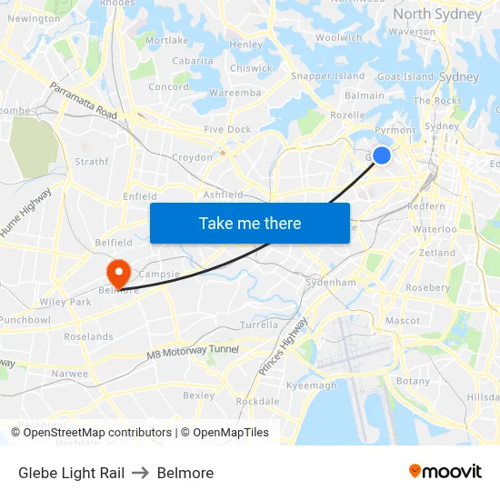 Glebe Light Rail to Belmore map