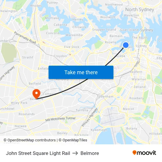 John Street Square Light Rail to Belmore map