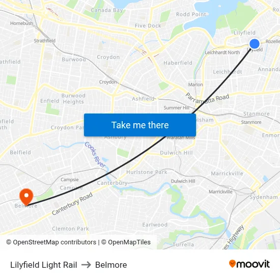 Lilyfield Light Rail to Belmore map