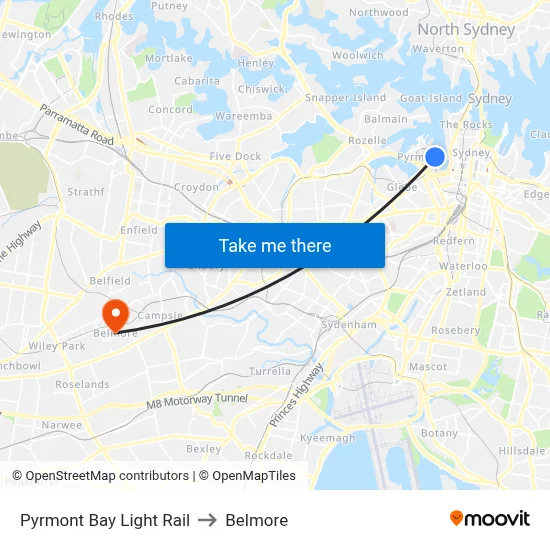 Pyrmont Bay Light Rail to Belmore map