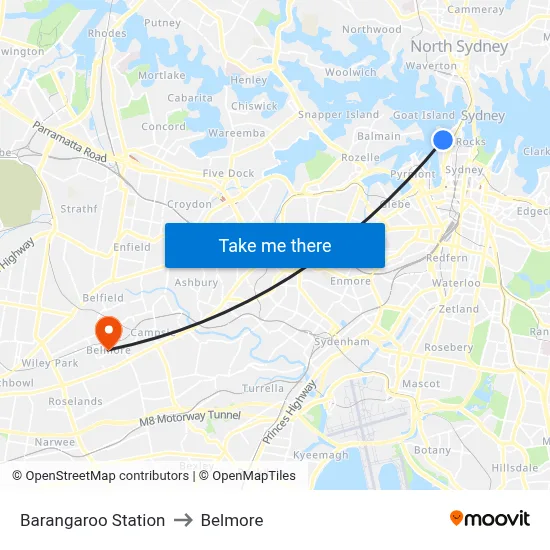 Barangaroo Station to Belmore map