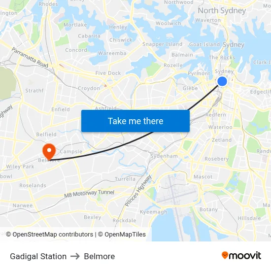 Gadigal Station to Belmore map