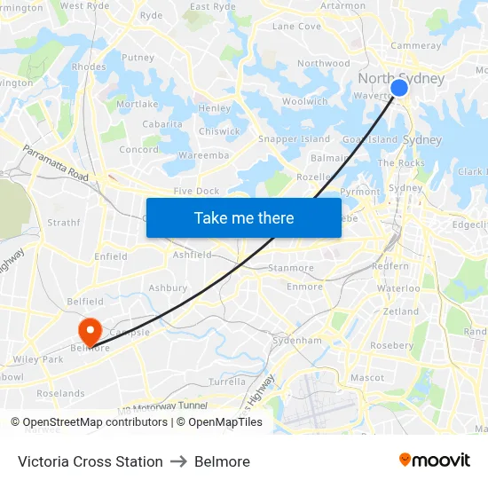 Victoria Cross Station to Belmore map