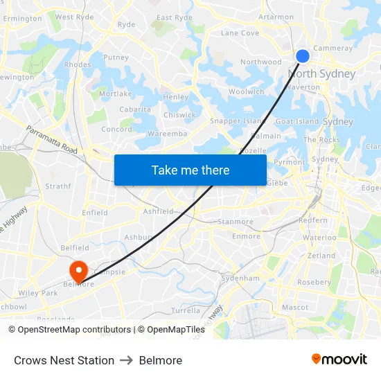 Crows Nest Station to Belmore map