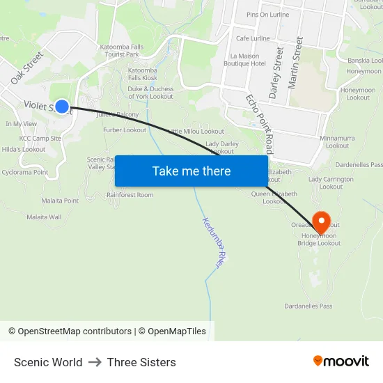 Scenic World to Three Sisters map