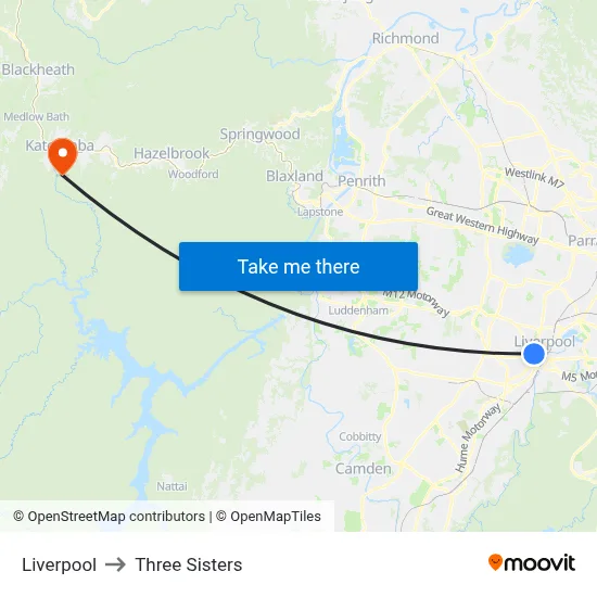 Liverpool to Three Sisters map