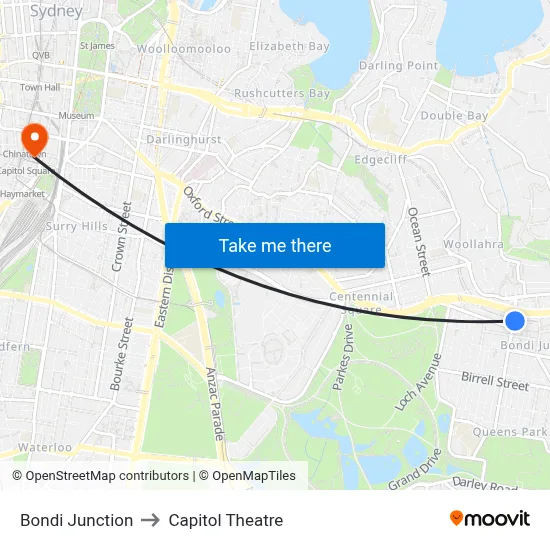 Bondi Junction to Capitol Theatre map