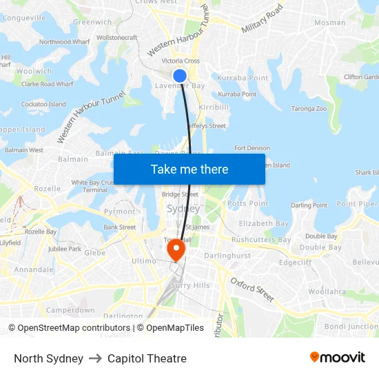 North Sydney to Capitol Theatre map