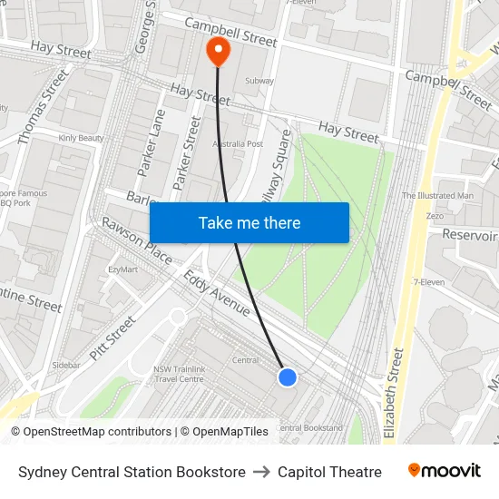 Sydney Central Station Bookstore to Capitol Theatre map