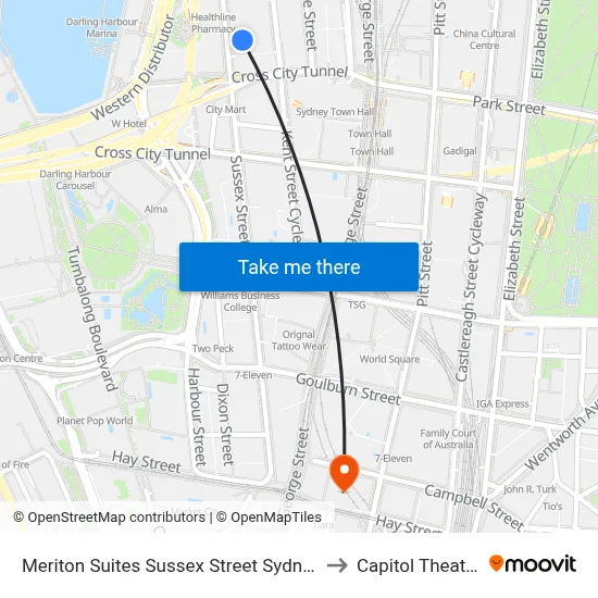 Meriton Suites Sussex Street Sydney to Capitol Theatre map