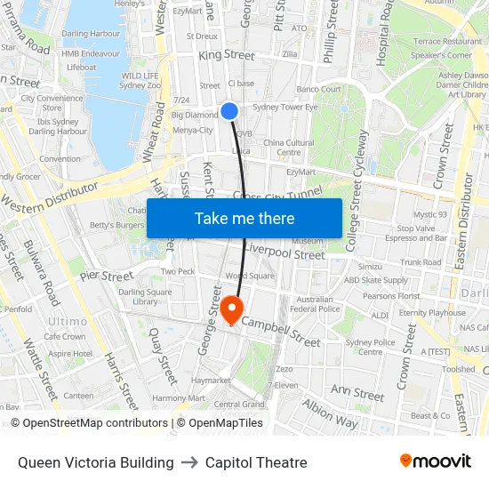 Queen Victoria Building to Capitol Theatre map