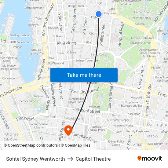 Sofitel Sydney Wentworth to Capitol Theatre map
