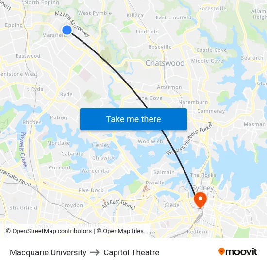 Macquarie University to Capitol Theatre map
