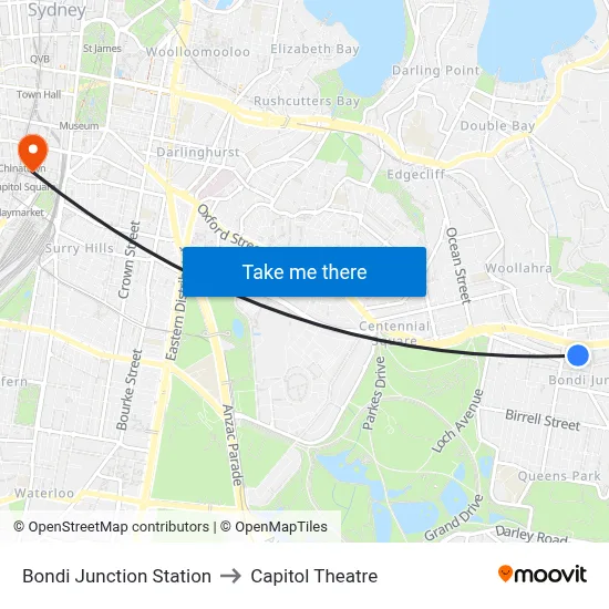 Bondi Junction Station to Capitol Theatre map