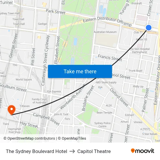 The Sydney Boulevard Hotel to Capitol Theatre map