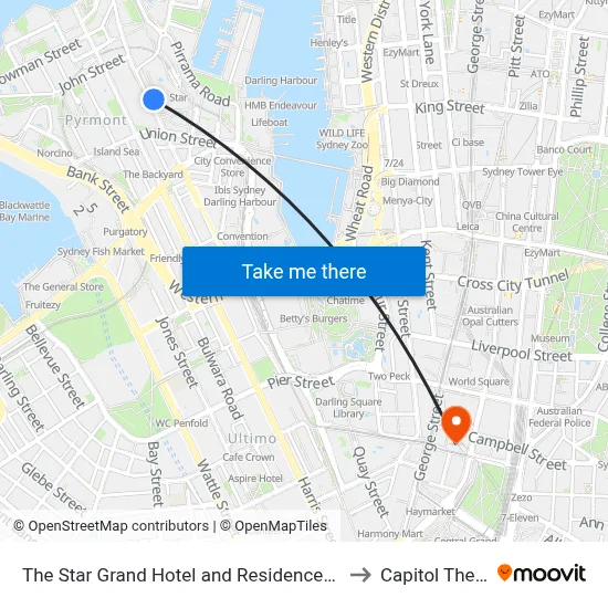 The Star Grand Hotel and Residences Sydney to Capitol Theatre map
